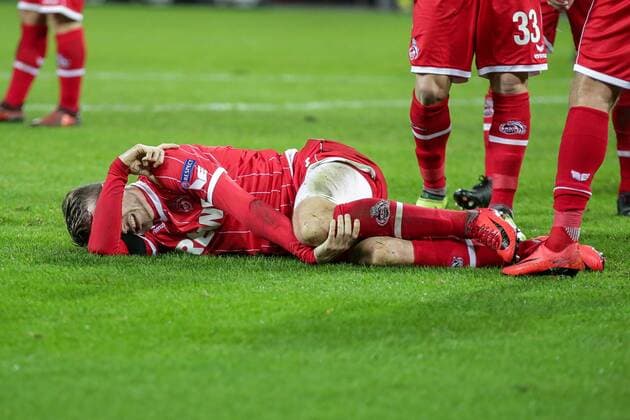 Koeln Rhein Energie Stadion 13 02 2016 Football UEFA Europa League FC Koeln Arsenal FC Image Jannes Horn FC Köln 23 is injured on the pitch Copyright: HMBxMedia ThomasxJäger