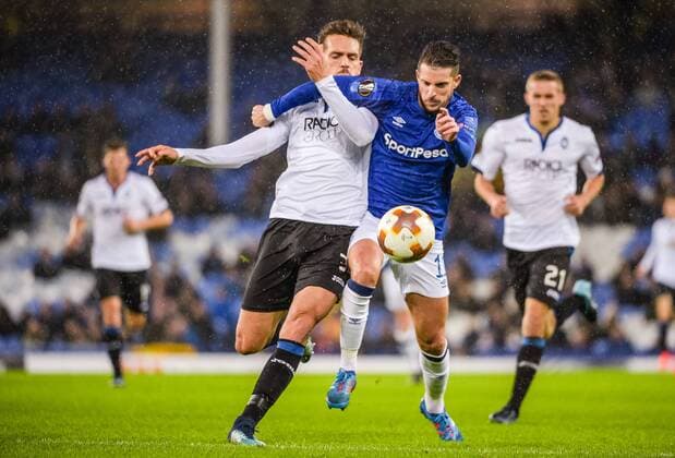Kevin Mirallas of Everton and Rafael Toloi of Atalanta challenge for a loose ball during the UEFA Europa League match between Everton and Atalanta at Goodison Park, Liverpool, England on 23 November 2017. Copyright: xJohnxBaguleyx 17850011