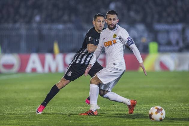 23rd November 2017, Partizan Stadium, Serbia, Belgrade; UEFA Europa League, Partizan versus Young Boys; Defender Miroslav Vulicevic of Partizan in action against Miralem Sulejmani of Young Boys  ActionPlus11955147