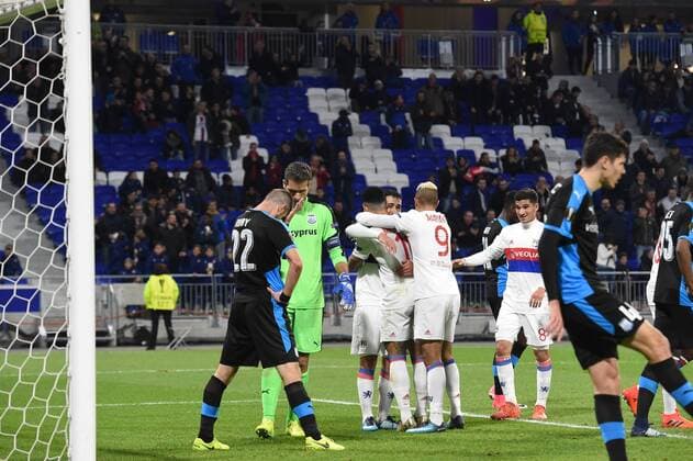 Joie de Nabil Fekir (lyon) et de ses coequipiers FOOTBALL : Lyon vs Limassol - Ligue Europa - Phase de goupe - 23 11 2017 FredericChambert Panoramic 