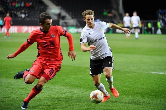 Fotball Menn UEFA Europa League Rosenborg - Real Sociedad Lerkendal Stadium, Trondheim, Norway 23 november 2017 Mikel Oyarzabal, Real Sociedad (V) og Vegar Eggen Hedenstad, Rosenborg, i duell Foto : Arve Johnsen, Digitalsport 