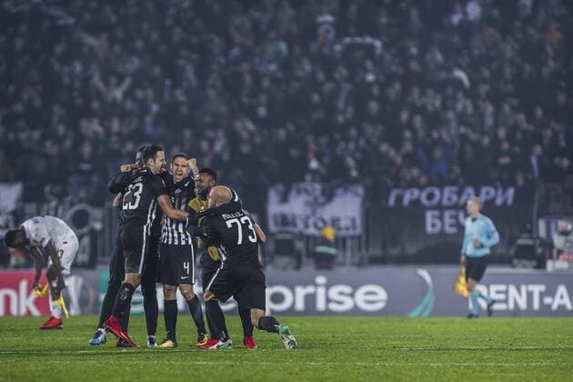 23rd November 2017, Partizan Stadium, Serbia, Belgrade; UEFA Europa League, Partizan versus Young Boys; Defender Nemanja Miletic of Partizan, Defender Miroslav Vulicevic of Partizan, Defender Bojan Ostojic of Partizan celebrate the victory after the match  ActionPlus11955203