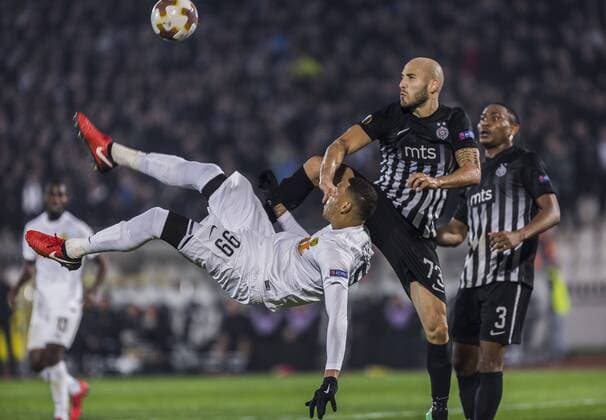 23rd November 2017, Partizan Stadium, Serbia, Belgrade; UEFA Europa League, Partizan versus Young Boys; Forward Guillaume Hoarau of Young Boys in action against Defender Nemanja Miletic of Partizan  ActionPlus11955195