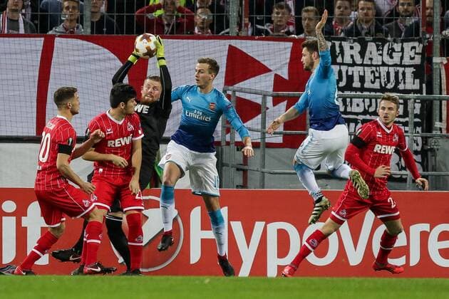 Koeln Rhein Energie Stadion 13 02 2016 Football UEFA Europa League FC Koeln FC Arsenal Image treacherous in the box li Salih Özcan FC Cologne 20 Joao Ricardo Pereira Switzerland CFC 25 Goalkeeper Timo Horn FC Cologne 1 Rob Holding Arselnal 16 Mathieu Debuchy FC Arselnal 2 Jannes Horn FC Cologne 23 Copyright: HMBxMedia ThomasxJäger
