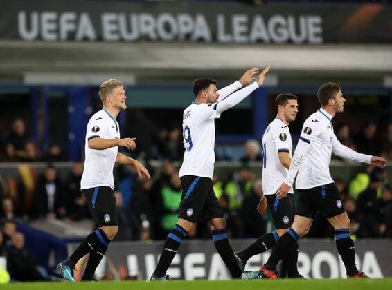 Football - 2017 2018 UEFA Europa League - Group E: Everton vs. Atalanta B.C. Andreas Cornelius of Atalanta celebrates scoring at Goodison Park. COLORSPORT LYNNE CAMERON 