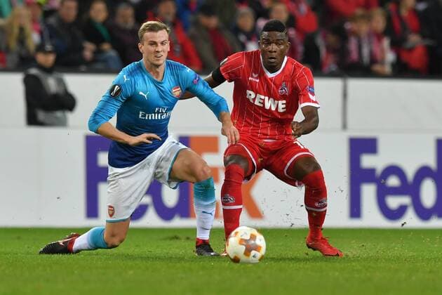 GER 1 FC Köln GER vs Arsenal FC ENG 23 11 2017 RheinEnergieSTADION Cologne Europa Leaque Group stage 5 Matchday GER 1 FC Köln GER vs Arsenal FC ENG im Bild left Rob Holding FC Arsenal 16 in a match against Jhon Córdoba FC Köln 15 Landscape nordphotox xMeuter nordphoto 00351