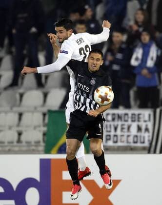 (171124) -- BELGRADE, Nov. 24, 2017 -- Partizan s Miroslav Vulicevic (R) vies with Young Boys Loris Benito during the UEFA Europa League match in Belgrade, Serbia on Nov. 23. 2017. Partizan won 2-1. ) (SP)SERBIA-BELGRADE-SOCCER-EUROPA LEAGUE-PARTIZAN VS YOUNG BOYS PredragxMilosavljevic 