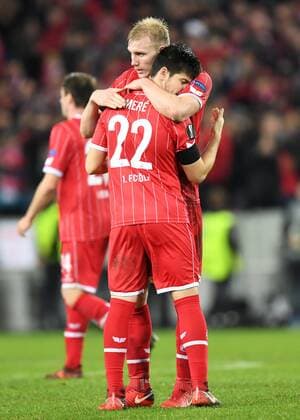 Football UEFA Europaleague Season 2017 2018 1 FC koeln vs Arsenal FC 23 11 2017 Rheinenergiestadion Koeln Frederik Sörensen Jorge Mere both FC Köln rejoicing