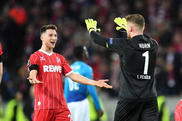 Football UEFA Europaleague Season 2017 2018 1 FC koeln vs Arsenal FC 23 11 2017 Rheinenergiestadion Koeln Salih Özcan Timo Horn both FC Köln cheers