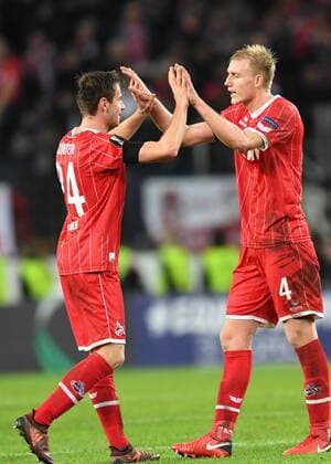 Football UEFA Europaleague Season 2017 2018 1 FC koeln vs Arsenal FC 23 11 2017 Rheinenergiestadion Koeln Lukas Klünte Frederik Sörensen both FC Köln cheers