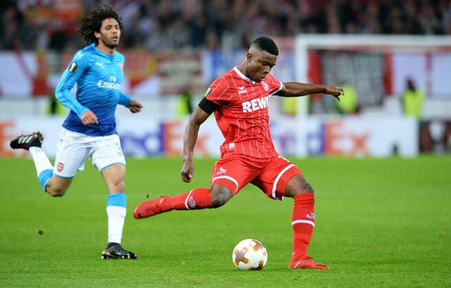 Soccer UEFA Europa League Men Season 2017 2018 Group H 5 Gameday Rhein Energie Stadium Cologne 1 FC Köln red Arsenal FC London blue 1 0 Jhon Cordoba FC Köln Mohamed Elneny Arsenal Promotion
