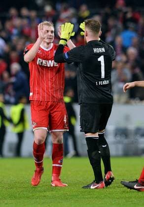 Soccer UEFA Europa League Men Season 2017 2018 Group H 5 Gameday Rhein Energie Stadion Cologne 1 FC Köln red Arsenal FC London blue 1 0 Final cheering Timo Horn FC Cologne Frederik Sörensen FC Köln Cheers Joy Action
