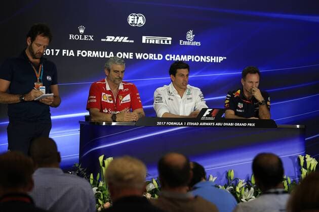 24th November 2017, Yas Marina Circuit, Abu Dhabi, UAE; Abu Dhabi Formula One Grand Prix, Friday Team press conference PK Pressekonferenz Maurizio Arrivabene & x2013; Managing Director and Team Principal of Scuderia Ferrari, Christian Horner - Team Principal of Red Bull Racing and Toto Wolff - Executive Director &amp; Head of Mercedes-Benz Motorsport  ActionPlus11955418