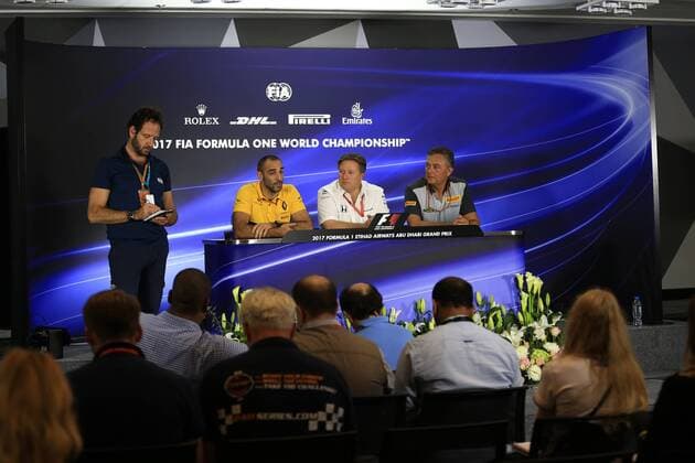 24th November 2017, Yas Marina Circuit, Abu Dhabi, UAE; Abu Dhabi Formula One Grand Prix, Friday Team press conference PK Pressekonferenz Cyril Abiteboul - Managing Director of Renault Racing Formula 1 Team, Zak Brown - Executive Director of McLaren Technology Group and Mario Isola & x2013; Pirelli Head of Car Racing  ActionPlus11955419