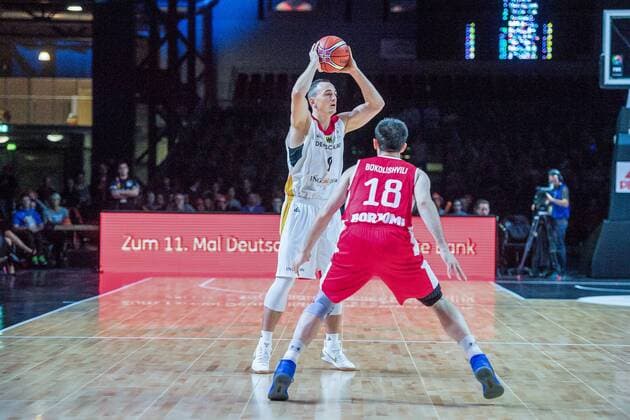 GER Qualification Basketball World Cup 2019 Germany vs Georgia 24 11 2017 Arena Chemnitz GER Qualification Basketball World Cup 2019 Germany vs Georgia in the picture Karsten Tadda 9 Germany Merab Bokolishvili 18 Georgia nordphotoxDostmann nph00325
