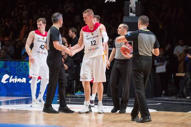 GER Qualification Basketball World Cup 2019 Germany vs Georgia 24 11 2017 Arena Chemnitz GER Qualification Basketball World Cup 2019 Germany vs Georgia in the picture Robin Clemens Benzing 12 Germany Andreas Obst 42 Germany nordphotoxDostmann nph00325