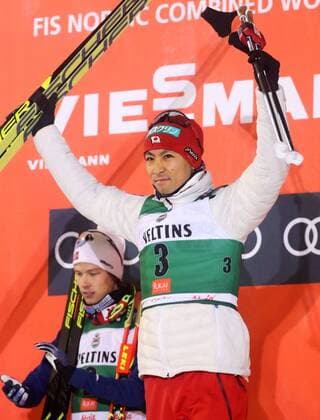Skiing: Nordic combined World Cup season opener Japan s Akito Watabe acknowledges the crowd on the podium in Ruka, Finland, on Nov. 24, 2017, after finishing third in the Nordic combined s World Cup season opener. 