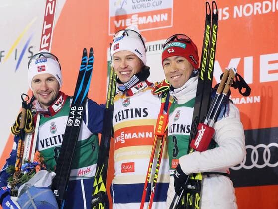 Skiing: Nordic combined World Cup season opener Norway s Espen Andersen (C) poses for a photo after winning Nordic combined s World Cup season opener in Ruka, Finland, on Nov. 24, 2017, alongside runner-up Jan Schmid (L), also of Norway, and third-place finisher Akito Watabe of Japan. 