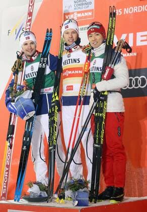 Skiing: Nordic combined World Cup season opener Norway s Espen Andersen (C) poses for a photo after winning Nordic combined s World Cup season opener in Ruka, Finland, on Nov. 24, 2017, alongside runner-up Jan Schmid (L), also of Norway, and third-place finisher Akito Watabe of Japan. 