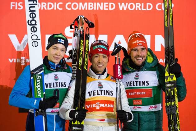 NORDIC COMBINED - FIS WC Ruka Nordic 2017 KUUSAMO,FINLAND,25.NOV.17 - NORDIC SKIING, NORDIC COMBINED, CROSS COUNTRY SKIING - FIS World Cup, Ruka Nordic Opening, 10km Gundersen, award ceremony. Image shows Johannes Rydzek (GER), Akito Watabe (JPN) and Eero Hirvonen (FIN). GEPAxpictures xMaticxKlansek
