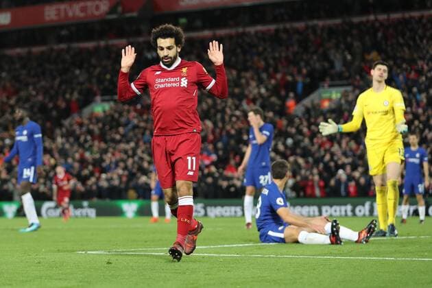 Liverpool v Chelsea Premier League Mohamed Salah of Liverpool celebrates scoring the first goal against Chelsea during the Premier League match at Anfield, Liverpool. Content Not Available For UK Newspapers Copyright: xMichaelxSedgwickx FIL-11009-0020