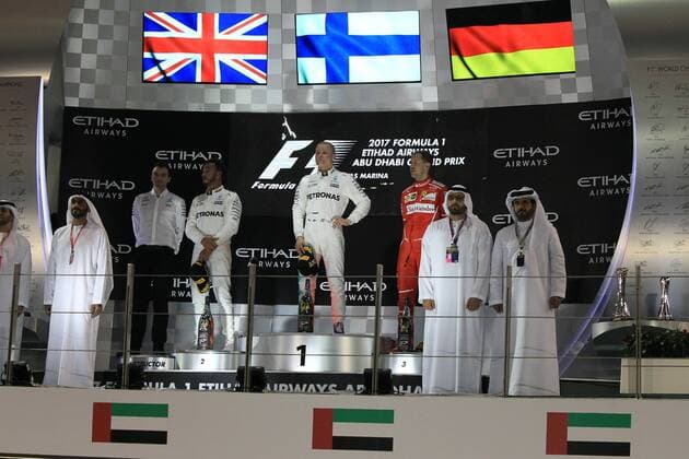 26th November 2017, Yas Marina Circuit, Abu Dhabi, UAE; Abu Dhabi Formula One Grand Prix, Sunday race day; Valtteri Bottas - Mercedes AMG Petronas F1 Team wins the race followed by Lewis Hamilton and Sebastian Vettel - Scuderia Ferrari  ActionPlus11956608