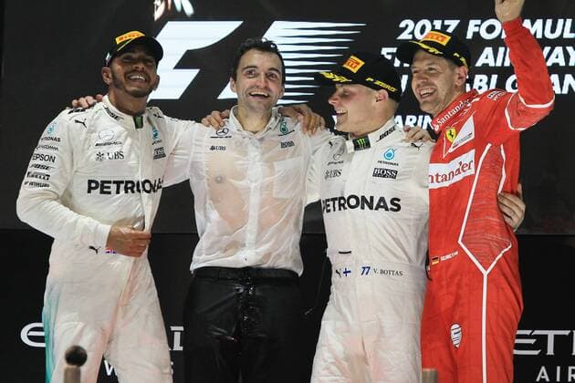 26th November 2017, Yas Marina Circuit, Abu Dhabi, UAE; Abu Dhabi Formula One Grand Prix, Sunday race day; Valtteri Bottas - Mercedes AMG Petronas F1 Team wins the race followed by Lewis Hamilton and Sebastian Vettel - Scuderia Ferrari  ActionPlus11956613