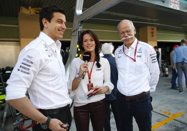 Motorsports: FIA Formula One World Championship WM Weltmeisterschaft 2017, Grand Prix of Abu Dhabi, Toto Wolff (AUT, Mercedes AMG Petronas Formula One Team), Tanja Bauer (GER, sky , Dr. Dieter Zetsche (Chairman of the Board of Management of Daimler AG, Head of Mercedes-Benz Cars), Abu Dhabi United Arab Emirates