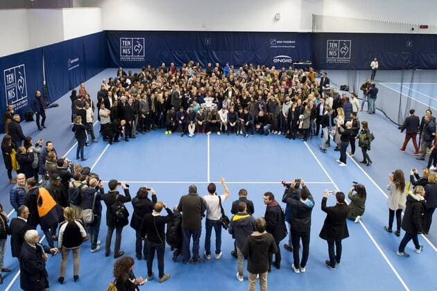 Tennis, Pressetermin französischer Tennisverband FFT Jonathan Eysseric Jeremy Chardy Gilles Simon Bernard Giudicelli - president FFT Lucas Pouille Richard Gasquet Yannick Noah Jo Wilfired Tsonga Julien Benneteau Pierre Hugues Herbert Nicolas Mahut TENNIS : l Equipe de France de Tennis a la rencontre des salaries de la FFT - Paris - 27 11 2017 JBAutissier Panoramic 