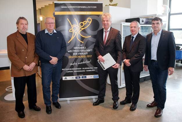 BAU 28 May 2017 Bietigheim Handball 23 IHF Womens Handball Womens World Cup Press Conference Ekke Hofmann Former Women National Coach Hans Artschwager President Handball Association Württemberg Lord Mayor Jürgen Kessing Rainer Kübler Managing Director of Bietigheim Bissingen Public Services Thilo Dittmann Chair of the Local Organizing Committee