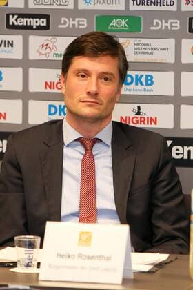 Handball Womens National Team Leipzig 29 11 2017 Lindner Hotel Handball Womens Press Conference ahead of the Womens Handball World Cup 2017 Pictured Leipzig mayor Heiko Rosenthal
