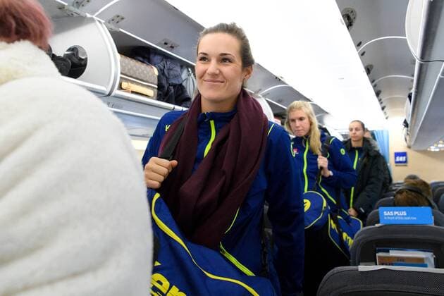 171130 Swedens Sabina Jacobsen on board the plane to Germany on November 30, 2017  Copyright: CARLxSANDIN BB171130CS005