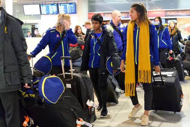 171130 Sweden Nathalie Hagman Loui Sand and Jamina Roberts arrive in Germany on November 30, 2017 in Stuttgart  Copyright: CARLxSANDIN BB171130CS007