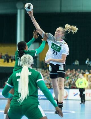 Nadja Mansson 21 GER against Aubiege Njampou Nono 18 CMR Preliminary Group Play Germany Cameroon in Leipzig on 01 12 2017 Handball 23 Women Handball World Cup in Germany 2017