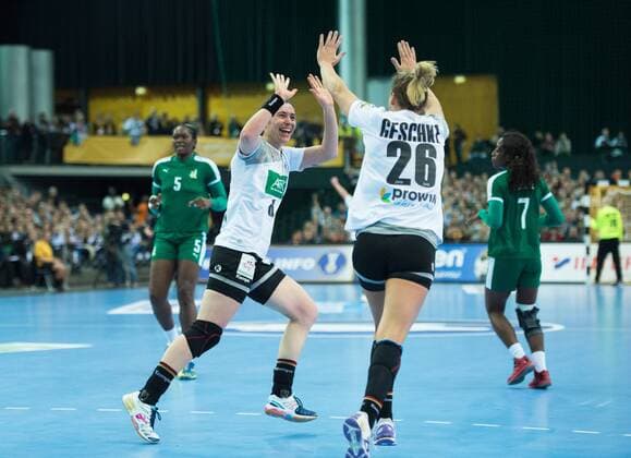 Joy with Jenny Karolius 6 GER and Angie Geschke 26 GER after a goal Preliminary group match Germany Cameroon in Leipzig on 01 12 2017 Handball 23 Women Handball World Cup in Germany 2017