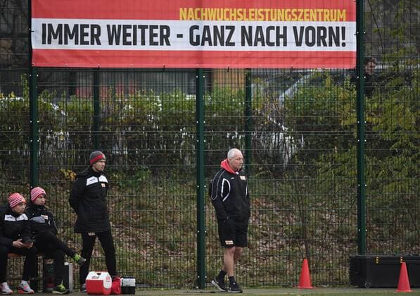 Soccer Offspring Season 2017 2018 A Youth Bundesliga Season North Nordordost 14 Matchday 1 FC Union Berlin RB Leipzig 0 3 v 1 Co Coach Willi Weiße U19 1 FC Union Berlin Coach Andre Hofschneider U19 1 FC Union Berlin in front of a banner of the Young Talent Center 02 12 2017 Copyright: xMatthiasxKochx
