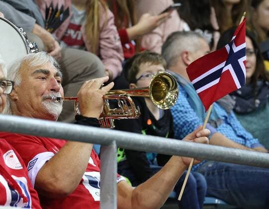02 12 2017 Germany Bietigheim Handball Womens World Cup International Match Norway vs Hungary Norway Fan Spectator Fan with flag and trumpet