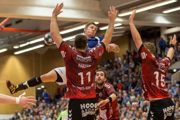 Linus Arnesson 24 Bergischer HC scored against Markus Hansen 11 VfL Lübeck Schwartau and Fynn Ranke 15 VfL Lübeck Schwartau Bergischer HC vs VfL Lübeck Schwartau Handball 2 Bundesliga 02 12 17 Solingen NRW Germany Klingenhalle Copyright: xcdnx
