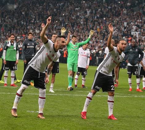 Alvaro Negredo and Cenk Tosun of Besiktas during the Turkish Superlig match between Besiktas and Galatasaray at Vodafone Park in Istanbul , Turkey on December 02 , 2017. Final Scores : Besiktas 3 - Galatasaray 0 