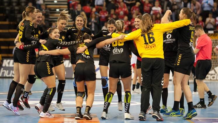 The players of the players of Montenegro rejoicing over the victory Pleasure over the won game celebrate the win Handball Women World Cup Denmark Montenegro xobx