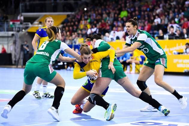 171203 Swedens Anna Lagerquist worries before Hungarys Aniko Kovacsics and Anett Kisfaludy in the match between Hungary and Sweden during the World Cups World Cup on December 3, 2017 in Bietigheim Bissingen  Copyright: CARLxSANDIN BB171203CS025