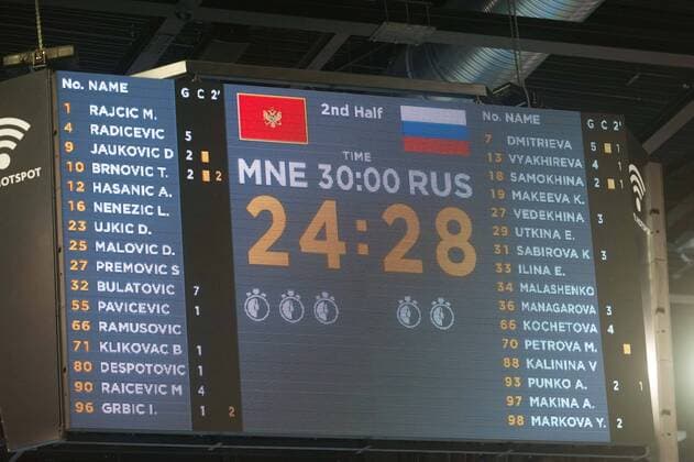 GER IHF World Cup 2017 Montenegro MNE vs Russia RUS 03 12 2017 EWE Arena Oldenburg Germany 23 IHF World Championship 2017 Womens first round Group C Montenegro vs Russia in the picture Scoreboard with the final score 24 to 28 in front of 2269 spectators Scoreboard Nordphotox xRojahn nph00300