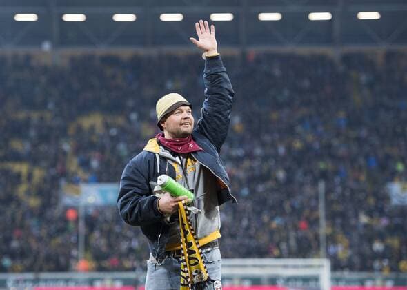 Soccer 2 League Season 2017 2018 16 Round Gameday SG Dynamo Dresden FC Erzgebirge Aue Sunday 03 12 2017 DDV Stadion Dresden Fan Capo Stefan Lehmi Lehmann after the 4 0 victory RM001