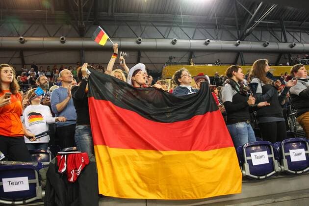 Germany vs Korea South Korea 03 12 2017 23rd IHF Women s Handball World Championship Germany 2017 Preliminary Round Group D Germany vs Korea Arena Leipzig Handball World Cup Women Semi Finals Group D Germany vs Suedkorea Pictured Fans Viewers Supporter Germany Flag Flag icon xjkx