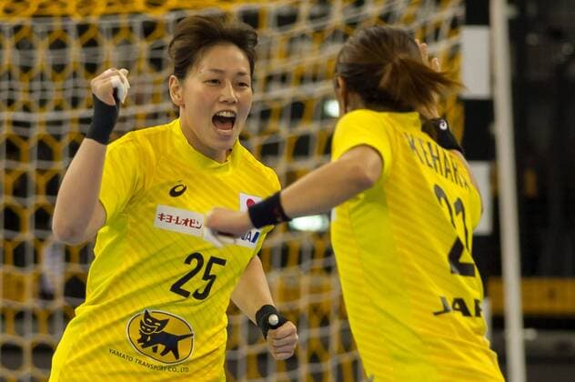 Manila Ohyama Japan 25 and Ayaka Ikehara Japan 21 scored a jubilation Joy of goal goal celebration Handball Women World Cup Japan Denmark xobx
