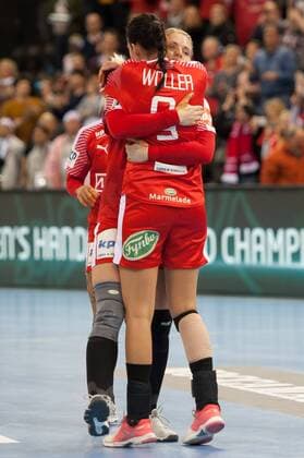 F l Woller Woller Denmark Denmark 9 and Sarah Iversen Denmark Denmark 5 celebrating the joy of the game celebrate the win Handball Women World Cup Japan Denmark xobx
