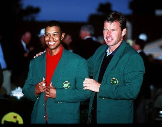 Tiger Woods Golf Masters 1997 in Augusta USA on 14 04 1997 Tiger Woods first Masters victory Green Jacket is presented by Nick Faldo Augusta USA