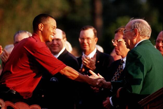 Golf The Masters 2001 Tiger Woods Welcomes Jack Stephens Augusta Georgia U S A