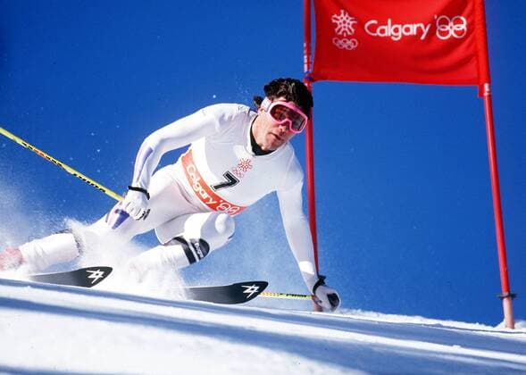 Frank Woerndl Ski Alpin. Olympia 1988 in Calgary 01.02.1988. Silbermedaille im Slalom, hinter Alberto Tomba. Aktion , Calgary Kanada *** Frank Woerndl Alpine Skiing Olympics 1988 in Calgary 01 02 1988 Silver medal in slalom behind Alberto Tomba Action Calgary Canada
