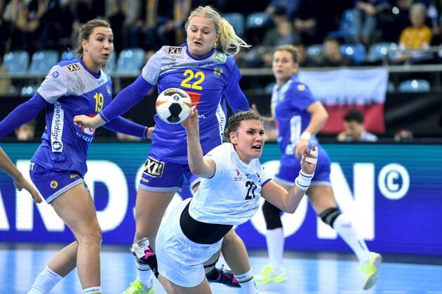 171205 Swedens Anna Lagerquist and Hanna Blomstrand and Czech Republics Petra Adamkova during the match between Sweden and the Czech Republic during the World Cup on December 5, 2017 in Bietigheim Bissingen  Copyright: CARLxSANDIN BB171205CS028